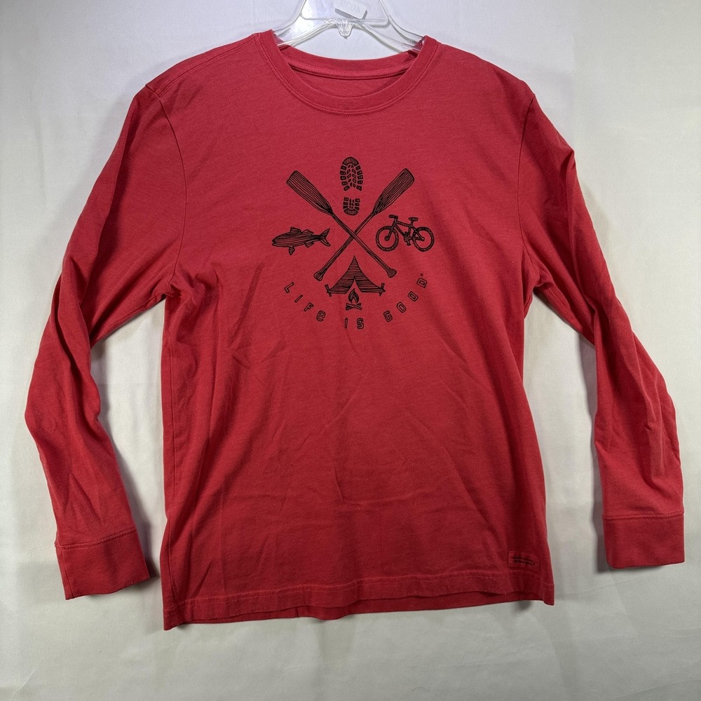 Life Is Good Shirt Mens Medium Red Outdoor Bike Fish Camp Graphic Long Sleeve